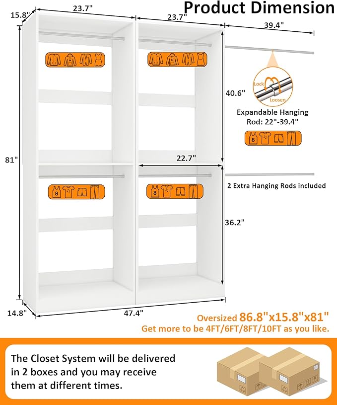 Closet System with 6 Hanging Rods& Shelf, 4FT Small Closet Organizer System Wood with Extra Side Hanging Rod for Walk in Closet Storage, Modular Closet Systems, White(4FT)