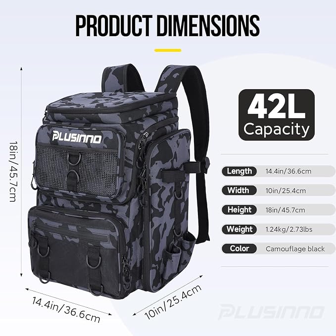 PLUSINNO Fishing Backpack with Fishing Rod Gear Holders Tackle Box, 42L Large Water-resistant Tackle Backpack Store Tools, Gear