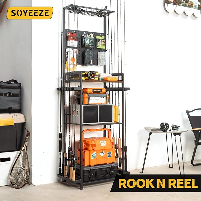 SOYEEZE Fishing Rod Holders for Garage, Fishing Rod Rack Hold Up to 12 Rods, 3 Tier Shelf, Pegboard and Wooden Countertops Designied for Fishing Pole Tackle Box Reel Line Storage, Fishing Gift