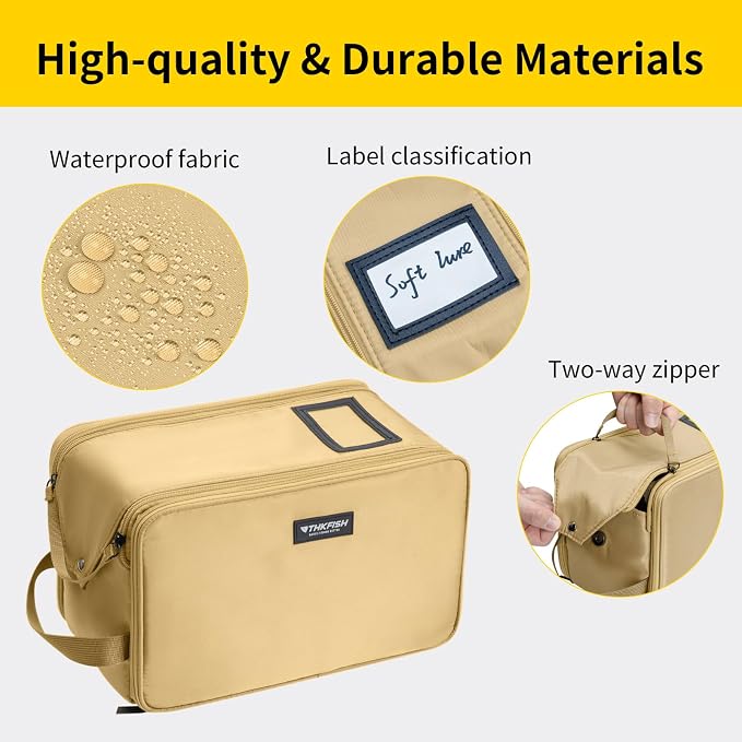 THKFISH Fishing Soft Plastic Bait Storage, Water-Resistant Extra-Large Clear Sleeves Tackle Bait Bag Storage For Lure Hooks, Sinkers & Fishing Accessories (Khaki)