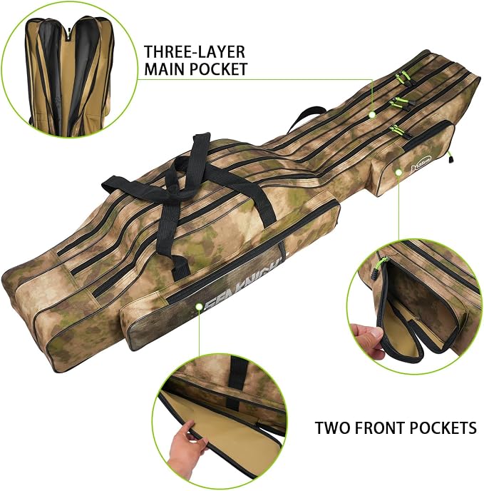 Seaknight Portable Fishing Rod Case - 2 Sizes (53.15in/59.0in) Oxford Fabric Tackle Storage Bag for Travel, Durable Rod Carrier for Freshwater & Saltwater Anglers (Yellow Camou, 150cm/ 59.0in)