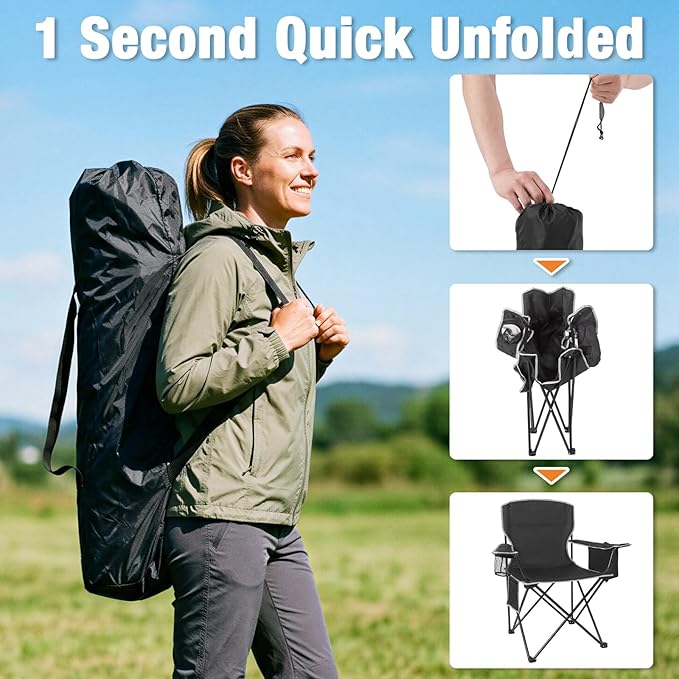 Romswi Lightweight 2Pcs Camping Chairs for Adults 400LBS Capacity, Folding Lawn Chair with 4-Can Cooler Bag, Cup Holder,Collapsible Portable Outdoor Chair for Tailgating, Beach, Fishing,Black