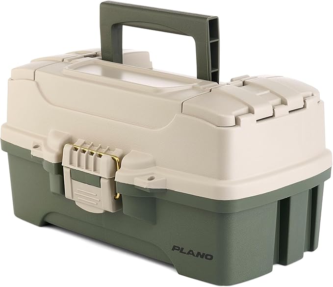 Plano One-Tray Tackle Box, Green/Tan, Rust-Proof Brass Latch, Top-Access Tray with Deep Storage, Made in the USA, Portable Fishing Gear Storage Organizer