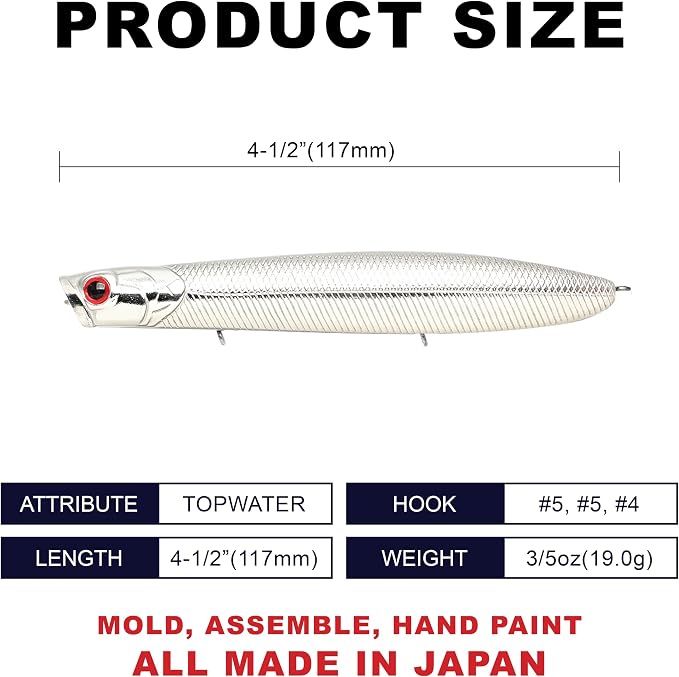 LUCKY CRAFT Gunfish 117 Freshwater Fishing Lures, Top Water Fishing Gear for Trout and Bass Fish, Spooks Cupped Mouth Walker, Long Casting Treble Hooks, Fish Accessories for Tackle Box