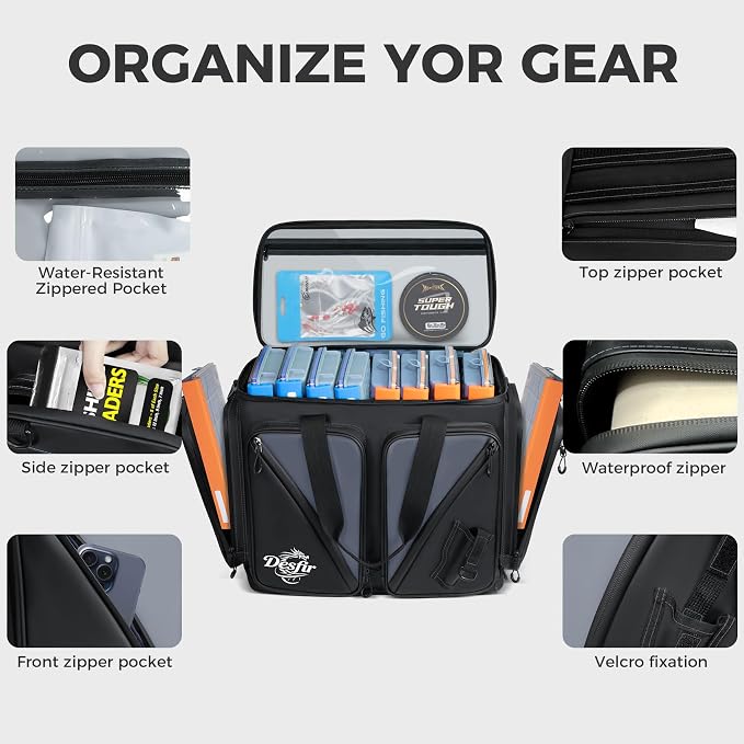 Handor Waterproof Fishing Tackle Bag, Large Saltwater Resistant Storage, 1000D PVC Material, Holds 3600 3700 Trays (Black and Gary, Medium Bag)