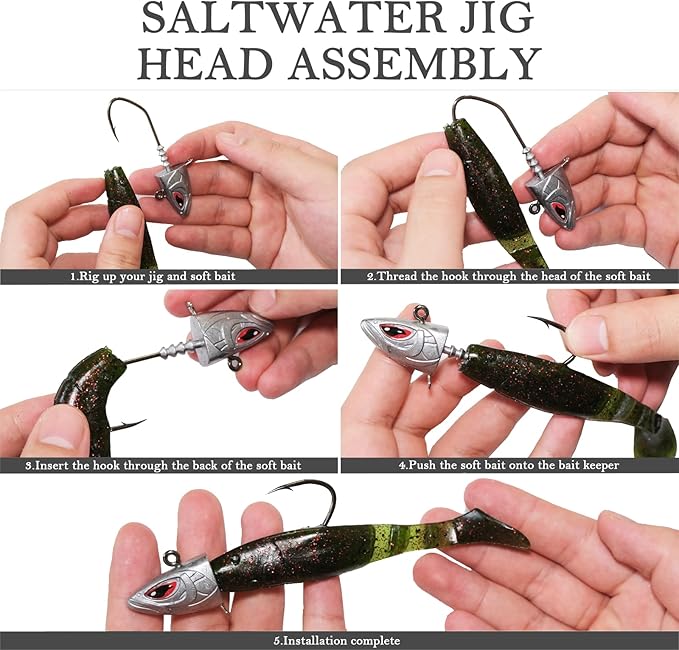 Saltwater Jig Heads 10 Pack, 3D Red Eyes with Bait Keeper & Belly Trailer Hole, 3/4oz to 1-3/4oz, 6/0 & 8/0 Hooks for Inshore Offshore Saltwater Fishing
