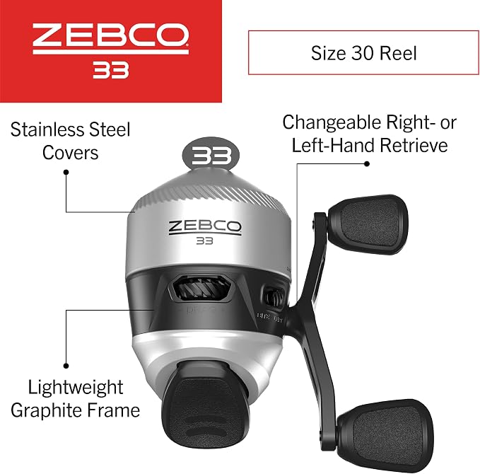 Zebco 33 Spincast Fishing Reel, Size 30 Reel, Right or Left-Hand Retrieve, 10-Pound Zebco Cajun Fishing Line, Silver/Black (Clam Packaging)