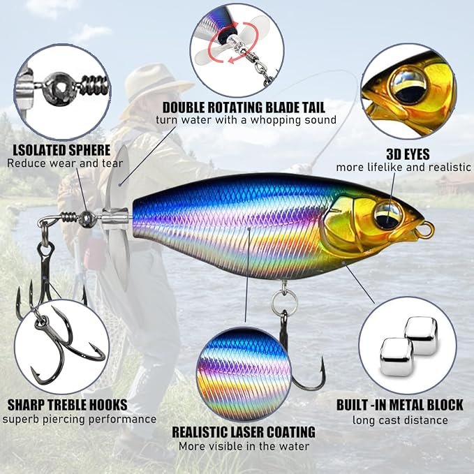 Topwater Fishing Lures with Floating Rotating Tail,Floating Lure for Bass Catfish, Water Fishing Lure for Freshwater or Saltwater, 5pcs with Storage Box.