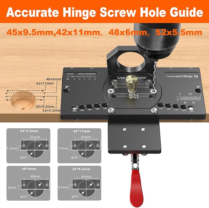 M-T Concealed Hinge Jig with Quick Clamp and Dust Vacuum Adapter 35mm Cabinet Door Hinges Jig Hole Drilling Hardware Jigs for Woodworking Door Cabinet Mounting Tool