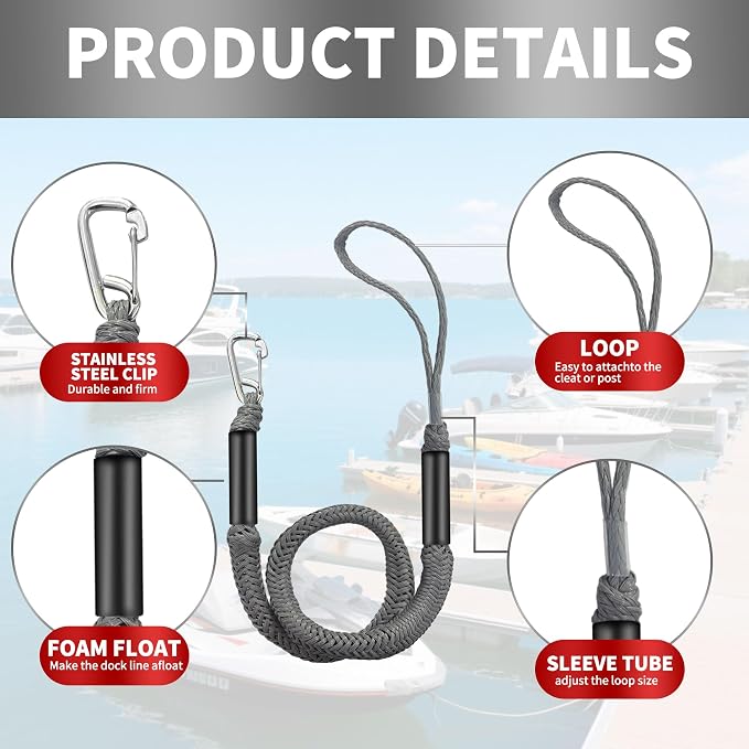 Bungee Dock Line with Stainless Steel Clip – Boat Dock Rope with Foam Float for Kayak, Canoe, Pontoon, Watercraft, SeaDoo, Docking – 4–5.5 ft, 2 Pack（Grey）
