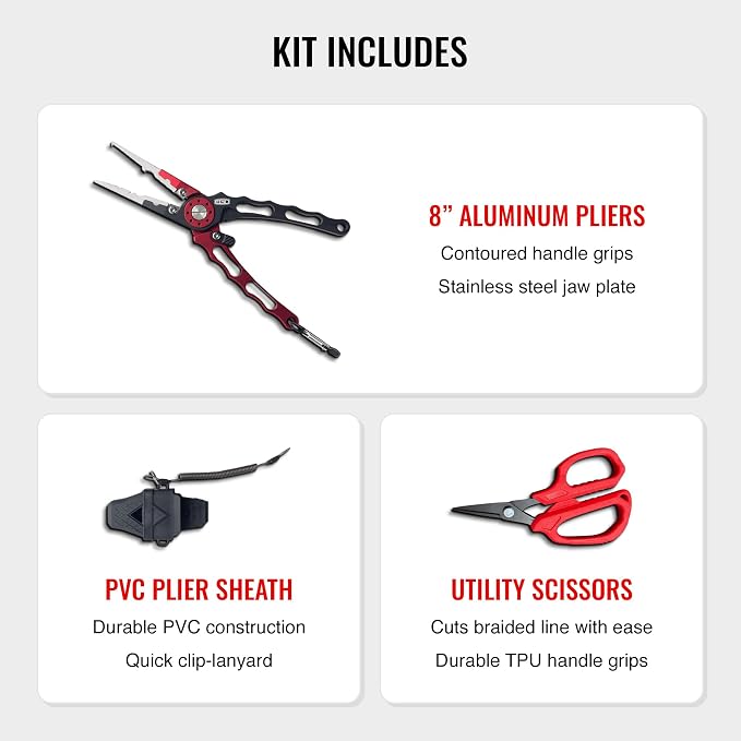 EGO Blackwater Fishing Tool Kit, Compact Pro Angler Set with 8” Aluminum Pliers, Vice Grip Tool, 7” Fillet Knife, Utility Scissors & PVC Sheath, Essential Fishing Gear for Bass, Walleye & Trout