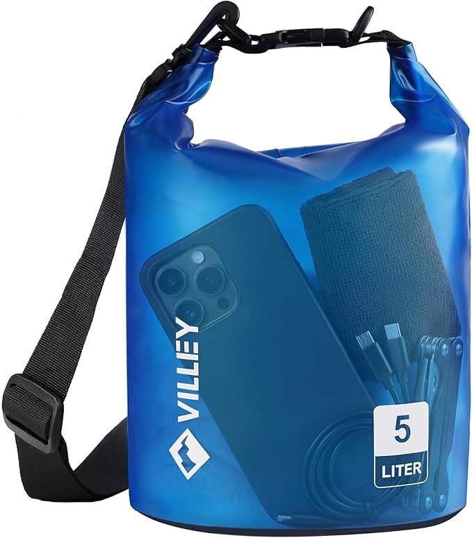 VILLEY Dry Bag Waterproof 5L Roll Top Storage Backpack, Keeps Gear Dry Lightweight Backpack for Kayaking Boating Camping Swimming and Beach Accessories Blue Transparent