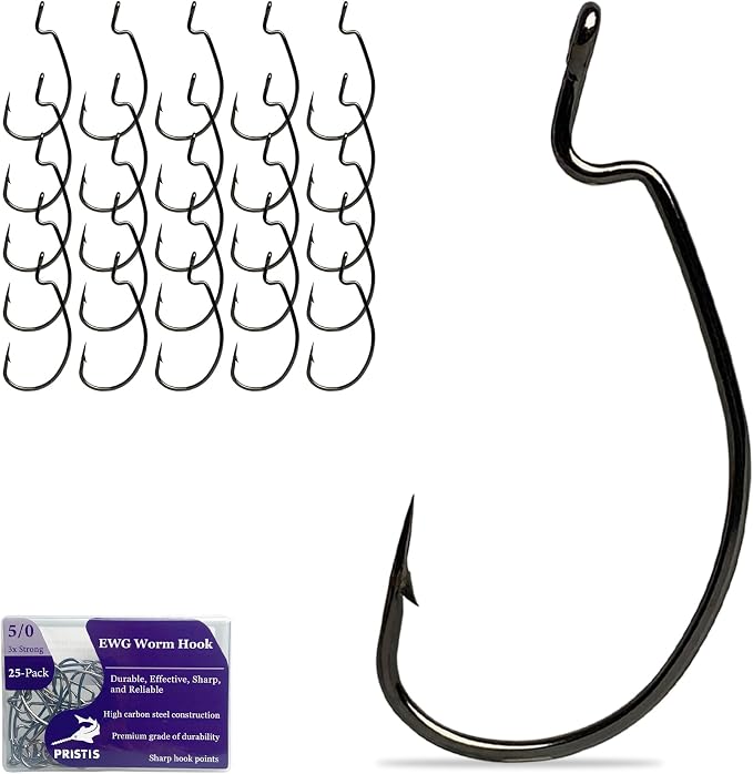 Pristis 25 Pack High Carbon Steel Fishing Hooks, Reinforced EWG Circle Octopus Round Bend 60 Degree Wide Gap Strong Barbed Worm Fish Hook Jig Bait Rig for Saltwater Freshwater Bass Tuna Walleye Trout