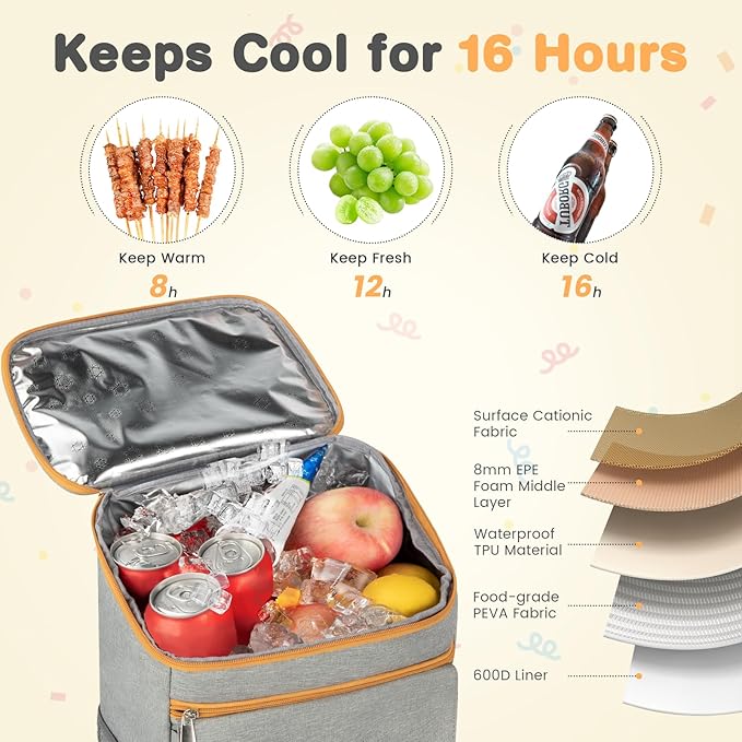 Cooler Backpack- 50 Cans Insulated Backpack Cooler for Men & Women Portable Leak Proof Lunch Backpack Cooler Bag Backpack Coolers for Beach Picnic Travel Work Camping Hiking-Grey