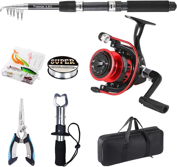 Tripquips Fishing Rod, 6.9ft Telescopic Fishing Rod and Reel Combo with Fishing Pliers and Lip Gripper Fishing Equipment, 5.2:1 Pre-Loaded Spinning Reel Combo Set Fishing Pole