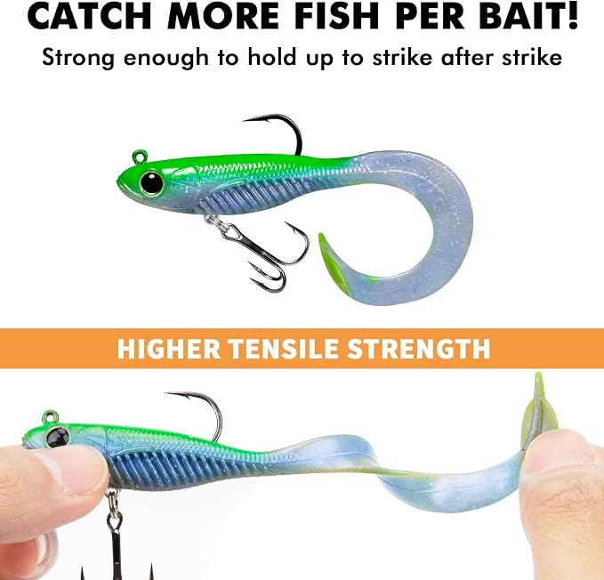 TRUSCEND Duramax Pre-Rigged Fishing Lures with BKK Jig Hooks, 10X Tear-Resistant TPE Soft Swimbaits for Bass Striper Trout Crappie Walleye Grouper, Lifelike Fishing Baits for Saltwater and Freshwater