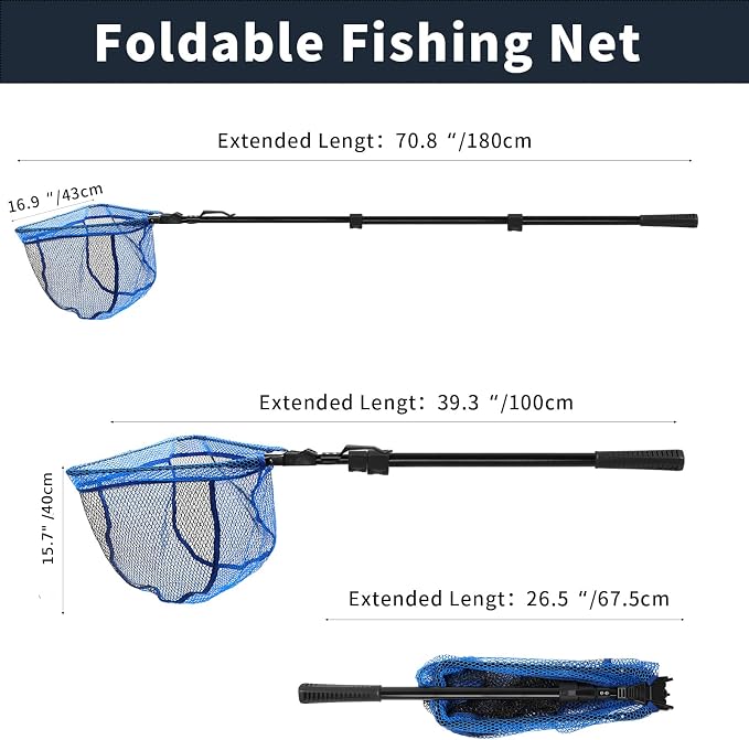 SANLIKE Fishing Net Folding Landing Net with Extra Long Telescoping Pole Handle, 37-98.4inch Rubber Coated Fishing Net for Easy Catch Release, Fish Net for Kids and Adults, 98.4"/ 71"/ 50.4"/ 43"/ 37"