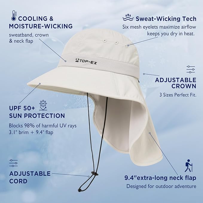 TOP-EX Cooling Sun Hat with Neck Flap – UPF 50+ Wide Brim Breathable Hat for Hiking, Fishing & Big Heads