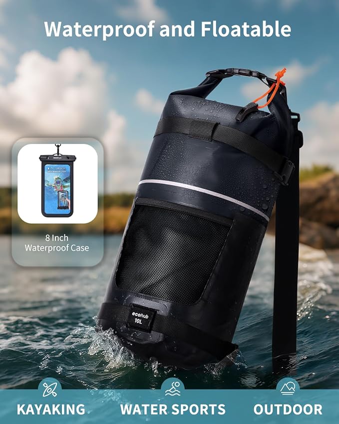 ECOHUB Waterproof Dry Bag for Women Men, 5L/10L/20L Roll Top Lightweight Dry Storage Bag Backpack for Travel Kayaking Hiking Floating with Waterproof Phone Case