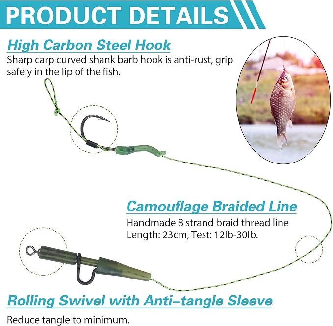 Carp Fishing Hair Rigs Kit 18pcs High Carbon Steel Curved Barbed Hooks Braided Thread Line Fishing Rigs Carp Fishing Tackle