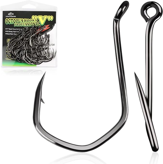 LUCKYFISHING Octopus Hooks Fishing Hooks for Saltwater Freshwater Offset Catfish Hooks for Bass Trout Redfish Fishing Hook Size 1 2 4 6 1/0-8/0 with 50/60/70/80/100PCS
