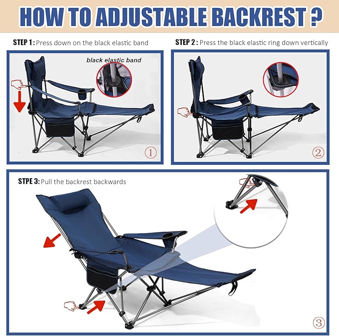 Reclining Folding Camping Chair with Removabel Footrest, Adjustable Folde Camping Chair with Foot Rest, Camp Lounge Outdoor Beach Chair, Oxford Fabric Reclining Design with Pillow Cup Holder, Blue