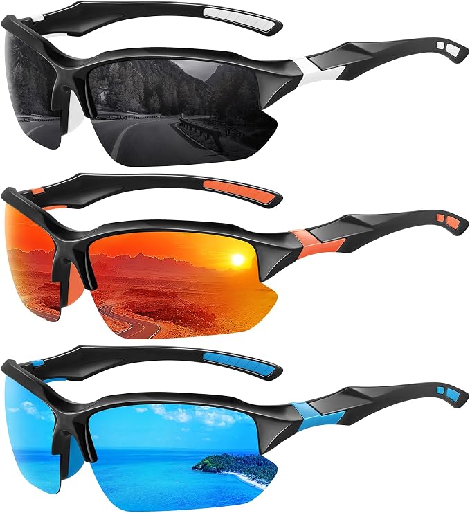 XVXV 3 Pack Polarized Sports Sunglasses for Men, UV Protection Half Frame Sunglasses Comfortable for Running Cycling Driving
