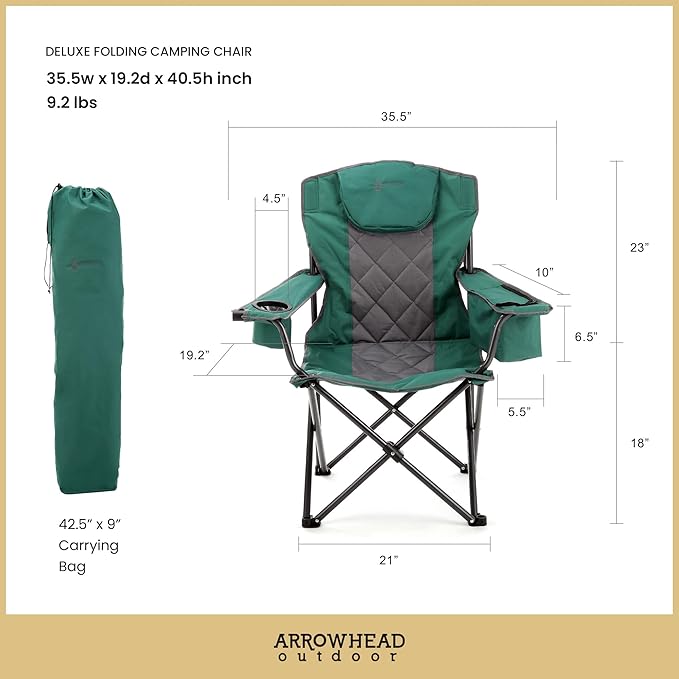 ARROWHEAD OUTDOOR 2-Pack Portable Deluxe Folding Camp Quad Chair w/Headrest, Glass & Cup Holders, Armest 6-can Cooler, Heavy Duty Carry Bag, 550 lbs Weight Capacity