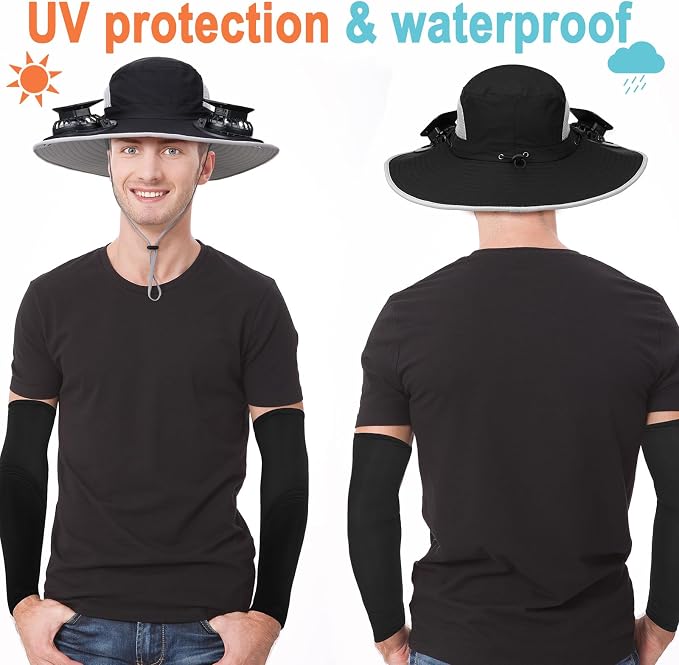 Glitopper 2 Set Wide Brim Solar Fan Hats with 2 Solar Fan and Arm Sleeves Set Outdoor Fishing Bucket Hat for Men Women Hiking