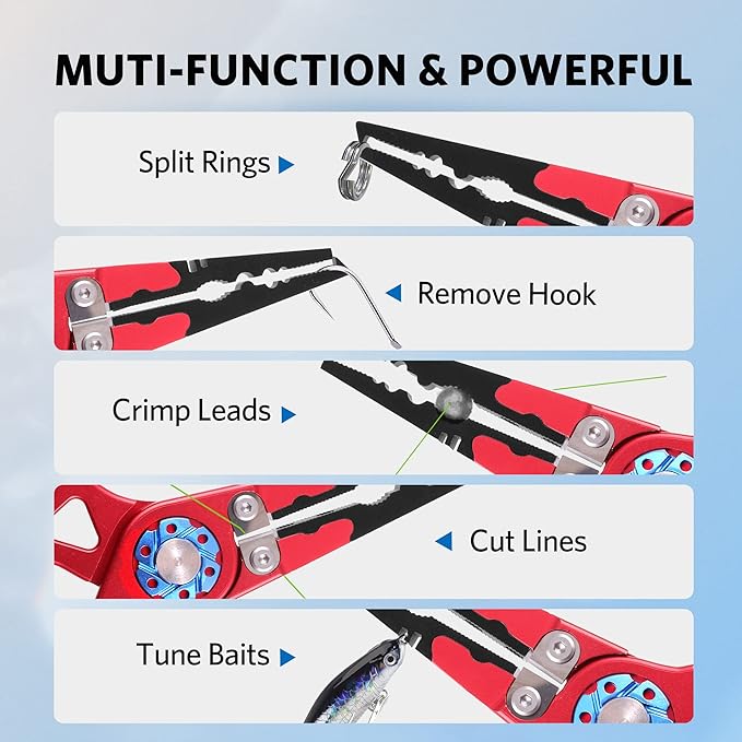 Saltwater Fishing Pliers, Split Ring Pliers for Fishing with Safety Lock, Fish Pliers with Sheath and Lanyard, Fishing Gifts for Men