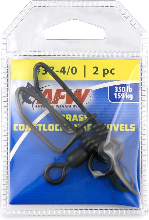 AFW Brass Coastlock Snap Swivels – Durable Fishing Gear with High-Strength Wire Snaps, Black Oxide Finish, Prevents Line Twisting & Kinking, Supports Up to 350 lb Test.