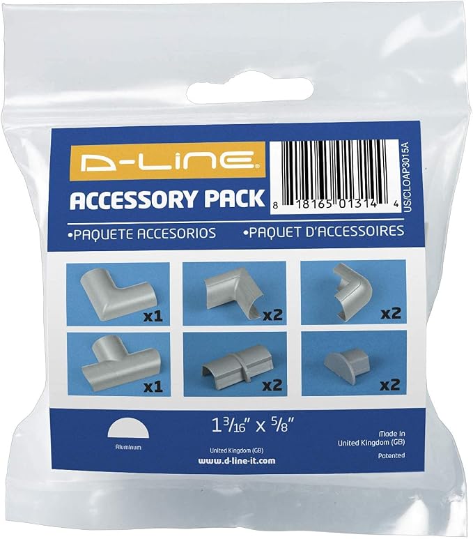 D-Line Medium Cable Raceway Accessory Pack, Join 1.18in x 0.59in Cord Cover Lengths, 10 Accessories Included, Hide Cords Around a Variety of Angles - Gray