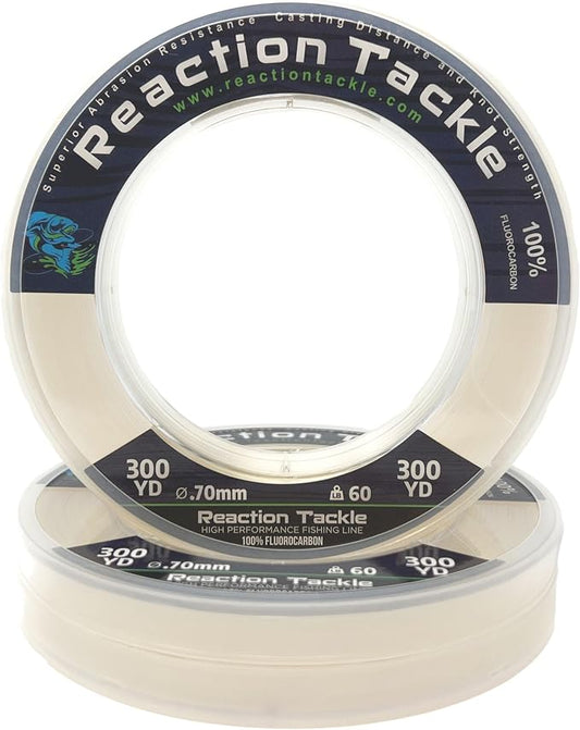 Reaction Tackle 100% Pure Fluorocarbon Fishing Line - High Strength, Abrasion-Resistant, Fast-Sinking, Virtually Invisible - Saltwater and Freshwater Leader Line