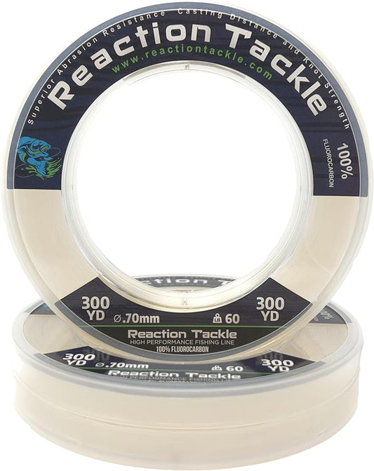 Reaction Tackle 100% Pure Fluorocarbon Fishing Line - High Strength, Abrasion-Resistant, Fast-Sinking, Virtually Invisible - Saltwater and Freshwater Leader Line