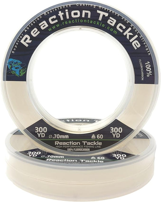 Reaction Tackle 100% Pure Fluorocarbon Fishing Line - High Strength, Abrasion-Resistant, Fast-Sinking, Virtually Invisible - Saltwater and Freshwater Leader Line