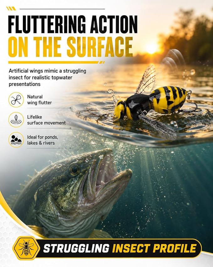 2026 New Bionic Wasp Crawl Bait-Topwater Micro Fishing Lure with Acoustic Noise Steel Balls for Bass & Pike Professional Anglers,Realistic Freshwater and Saltwater-W/Carbon Steel