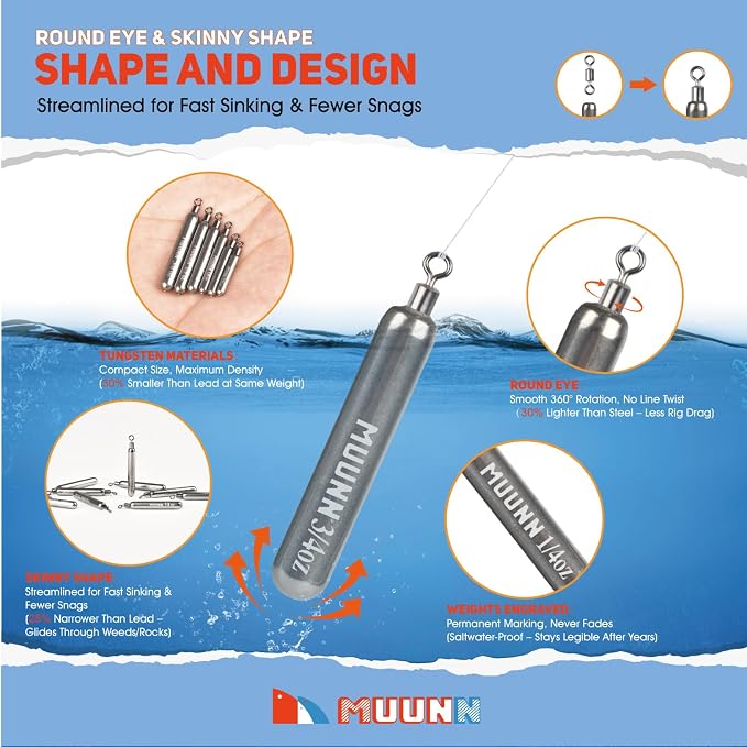 10 Pack Tungsten Skinny Drop Shot Weights, Pencil Sinkers with Round Eye for Free Rig & Finesse Bass Fishing, Drop Shot Rig Weights