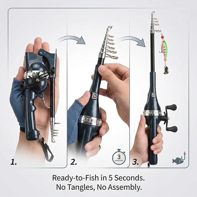 Telescopic Fishing Rod and Reel Combo for Adults & Beginner | Integrated Anti-Tangle Spincast Reel, Pre-Spooled Line, Foldable Pocket Fishing Pole, Compact Travel Gear for Camping, Hiking