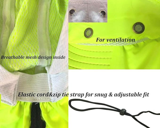 Men High Visibility Reflective Sun Hat with Neck Flap Wide Brim Boonie Hat Bucket Cap