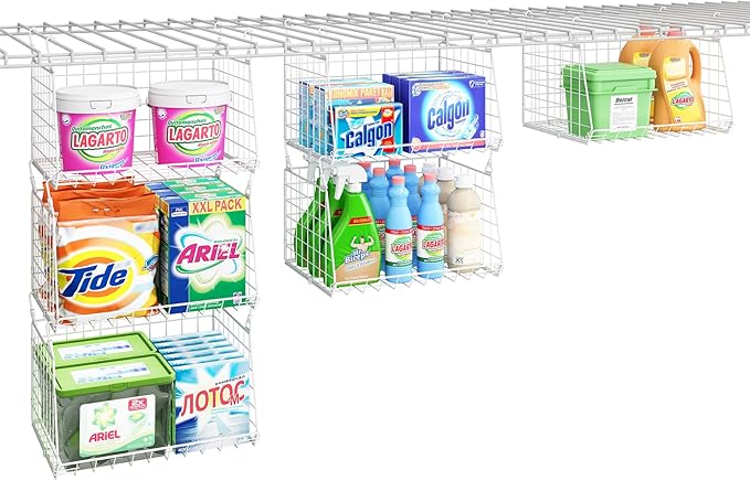 3-Tier Hanging Laundry Basket Organizer：Foldable Wire Shelf Laundry Room Organizer with 360°Rotating Hooks Small Space Solutions Closet Hanging Organizer - Laundry Organization, White Patent