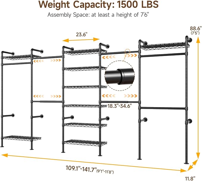 H5 Wall Mounted Closet System, Industrial Pipe Clothes Racks Clothing Rack with 4 Telescopic Rods & 3 Fixing Rods & 9 Shelves, Heavy Duty Closet Organizers and Storage in Wardrobe Closet (Black)