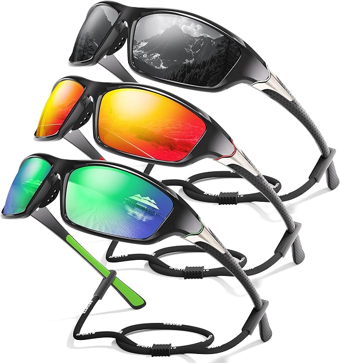 3 Pack Polarized Sports Sunglasses for Men, Mens Sunglasses Wrap Around UV Protection for Cycling Fishing Driving
