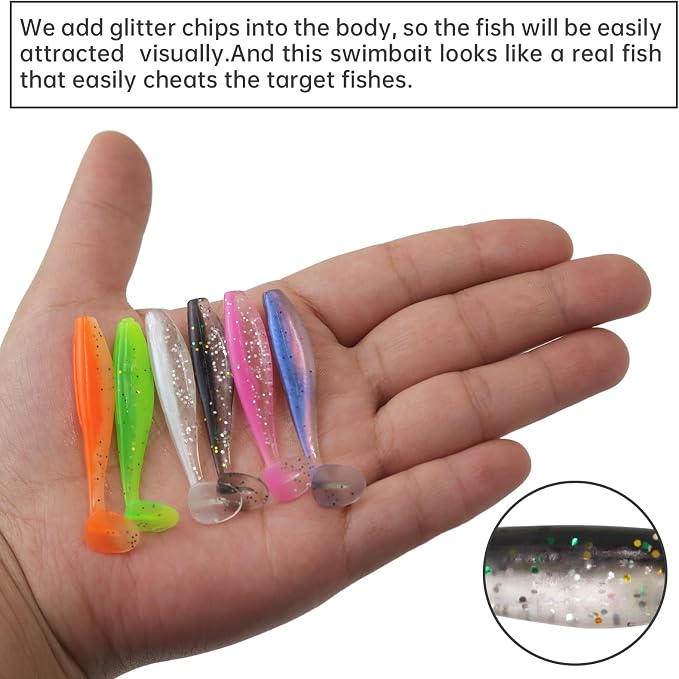 MAFIMOEA 50 Pcs Soft Fishing Lures Plastic Paddle Tail Swim Baits Kit for Bass Trout Walleye Crappie 5 Mixed Colors Fishing Soft Plastic Lure Kit 5.5CM