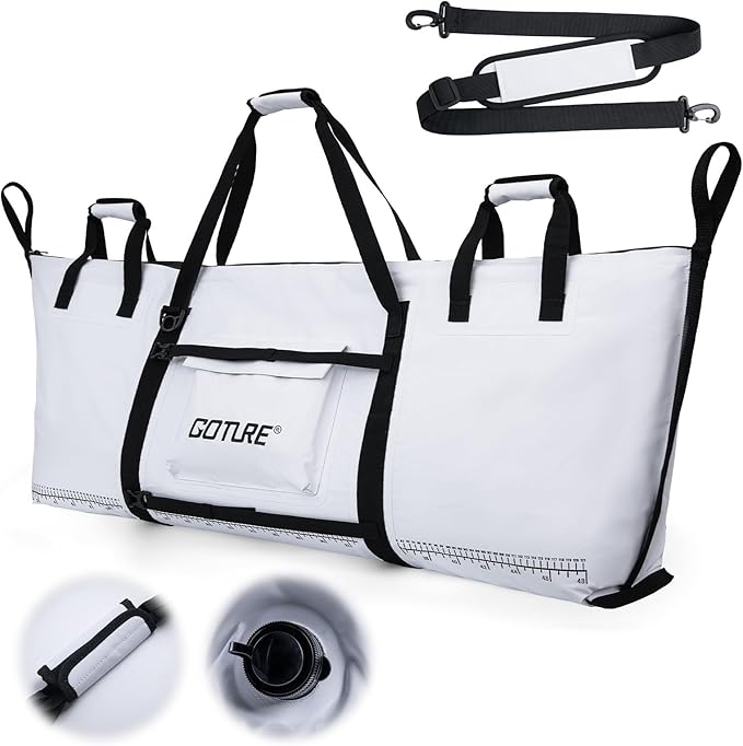 Goture Insulated Fish Cooler Bag, 500D PVC Leakproof Fishing Kill Bag, Portable Waterproof Fish Bags with Carry Handle and Strap, Large Fishing Cooler Bags with Drain Plug, 59.84”x 20.08”x 9.06”