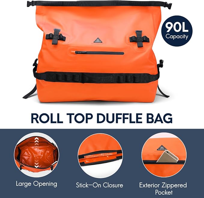 Haimont IPX7 Waterproof Roll-Top Dry Duffel Backpack | 60L/90L Sizes, 500D Tarpaulin, Welded Seams, Mesh Pockets, Boating & Kayaking
