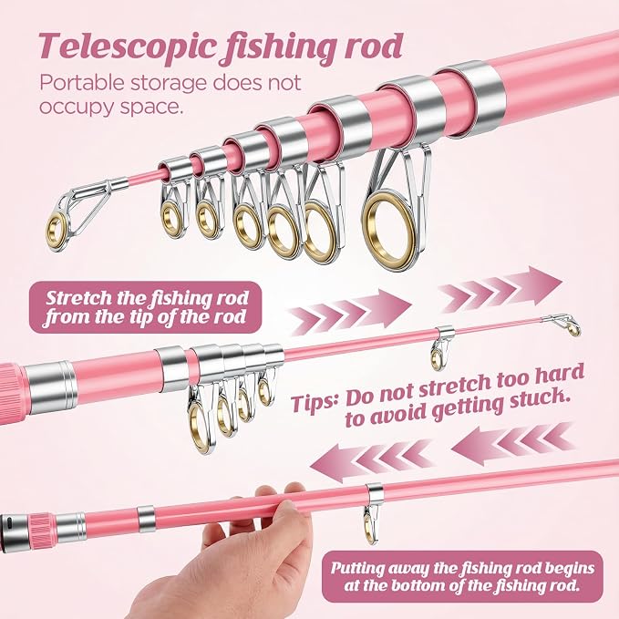2PCS Pink Telescopic Fishing Rod Reel Combo, Portable Collapsible Spinning Pole with Smooth Reel, Lures Tackle Box Kit, Travel Bag Saltwater Freshwater Fishing Gear Gift for Women Girls Family