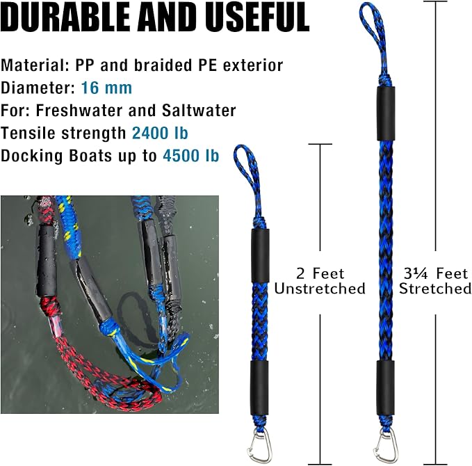 2FT Bungee Dock Line Boat Accessories 2pcs Fender Lines with 316 Stainless Clip for Boat Bumper/Boat Fender for Mooring for Jet Ski, Seadoo, Yamaha (Blue&Black, 2Feet)