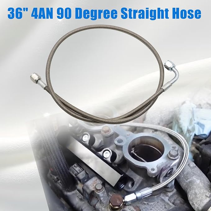 GXARTS 36" Billet Steel Braided Turbo Oil Feed Line Length 551871 4AN 90 Degree Straight Hose Straight PTFE line straight Hose End Pressure Stainless Remote Turbocharger