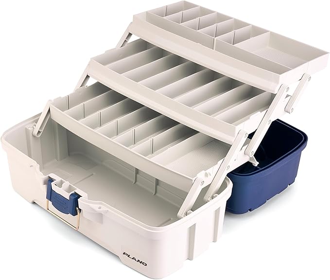 Plano Three-Tray Tackle Box Striper Kit, Blue/Grey, Rust-Proof Brass Latch, Top-Access Tray Compartments with Deep Storage, Made in the USA, Portable Fishing Gear Storage Organizer