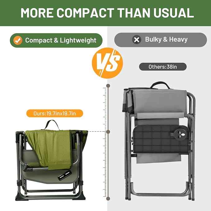 Timber Ridge Aluminum Camping Directors Chair with Side Table Pocket, Portable Folding Chair, Heavy Duty Lawn Chair for Fishing Trip Picnic Concert Outdoor 400lbs, Green